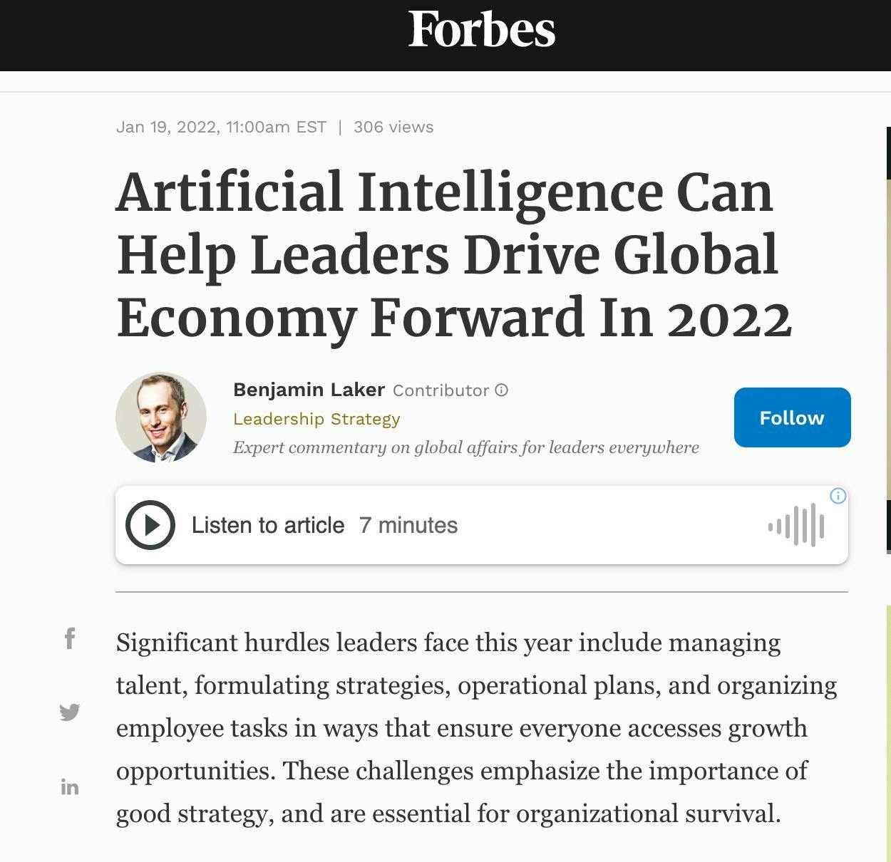Artificial Intelligence Can Help Leaders Drive Global Economy Forward In 2022. HIVERY featured on Forbes.